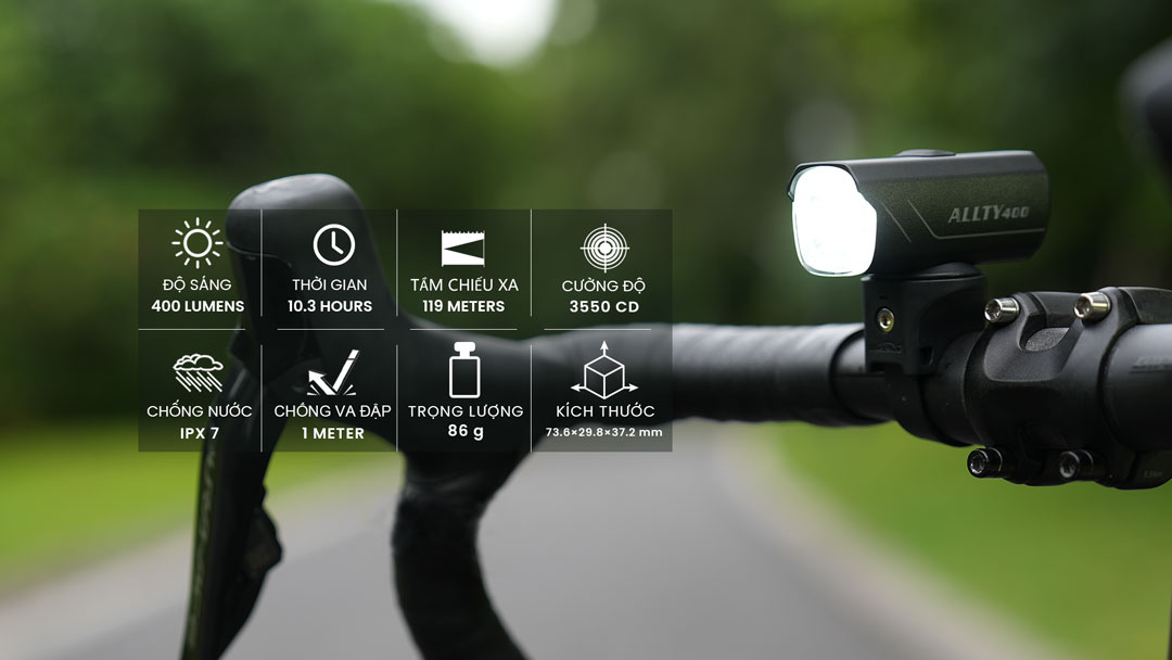 Magicshine ALLTY 400 độ sáng 400 lumen, chiếu xa 119m, cường độ sáng 3550cd, chống nước IPX7, trọng lượng 86g, kích thước 73.6×29.8×37.2mm