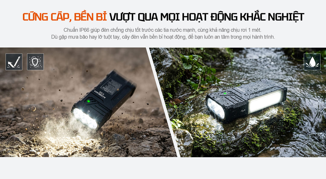 Đạt chuẩn chống nước IP66 và khả năng chịu rơi từ độ cao 1 mét, ACEBEAM X35 hoạt động ổn định trong mưa lớn, môi trường khắc nghiệt và các điều kiện làm việc ngoài trời.