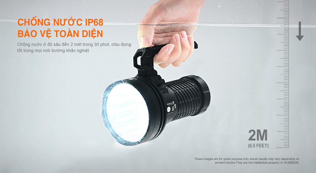 Đèn pin ACEBEAM chống nước IP68, đèn pin lặn sâu, đèn pin chịu nước 2 mét.