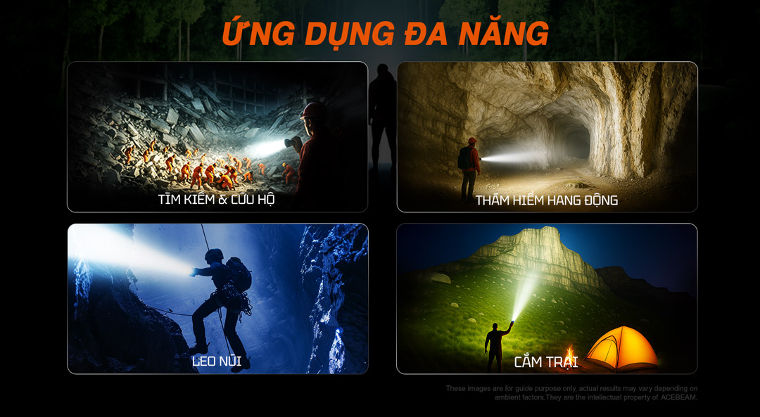 Đèn pin ACEBEAM chiếu xa cực mạnh, lý tưởng cho cứu hộ, thám hiểm, leo núi và cắm trại.