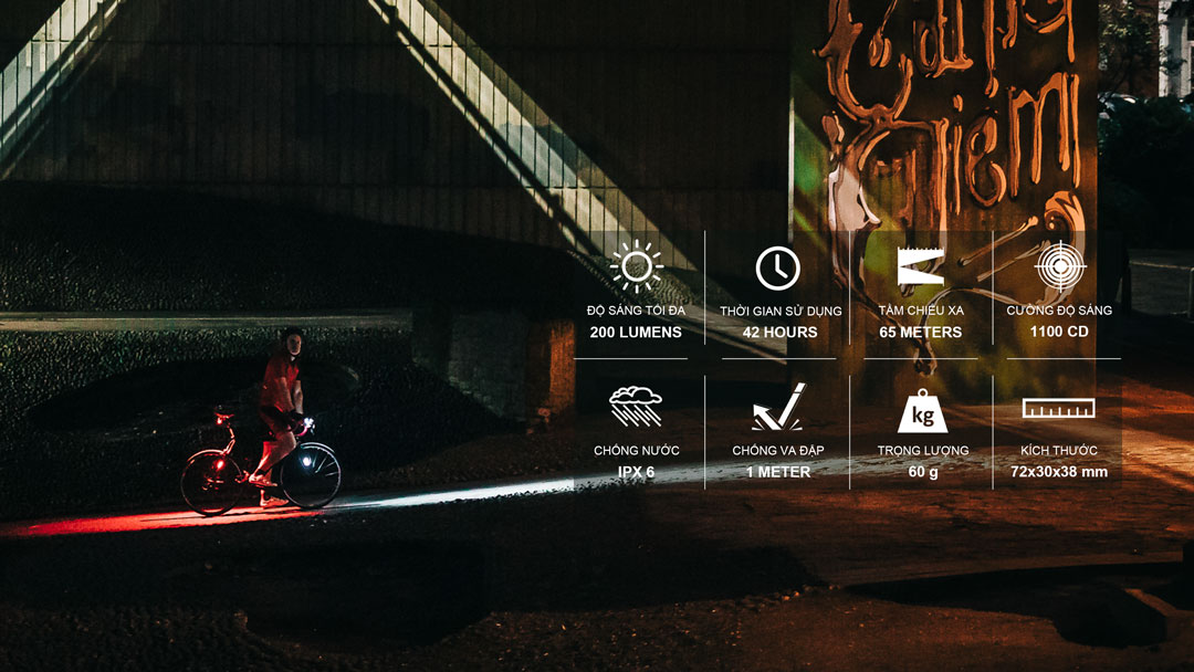 Magicshine ALLTY 200 độ sáng 200 lumen, chiếu xa 65m, pin 42 giờ, chống nước IPX6, trọng lượng 60g, kích thước 72×30×38mm