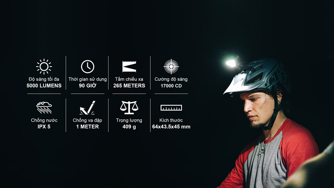 5000 lumen, runtime 90 giờ, 265m, 17000cd, IPX5, 409g