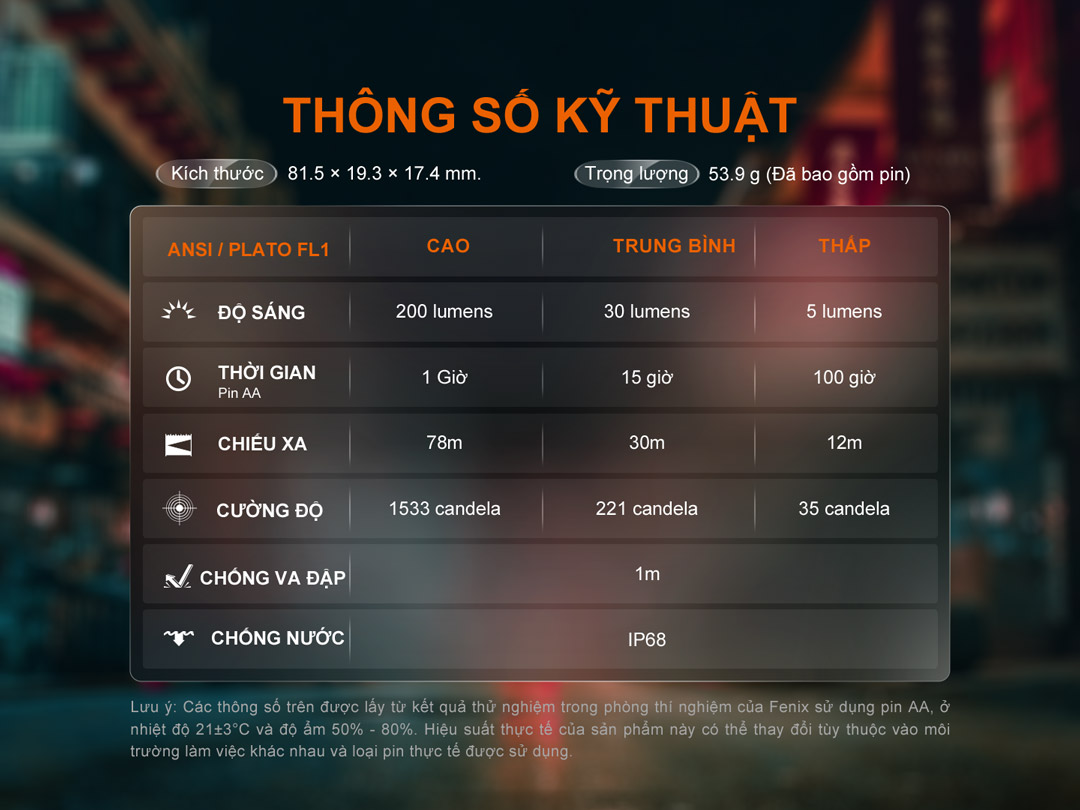 Thống số kỹ thuật của đèn pin