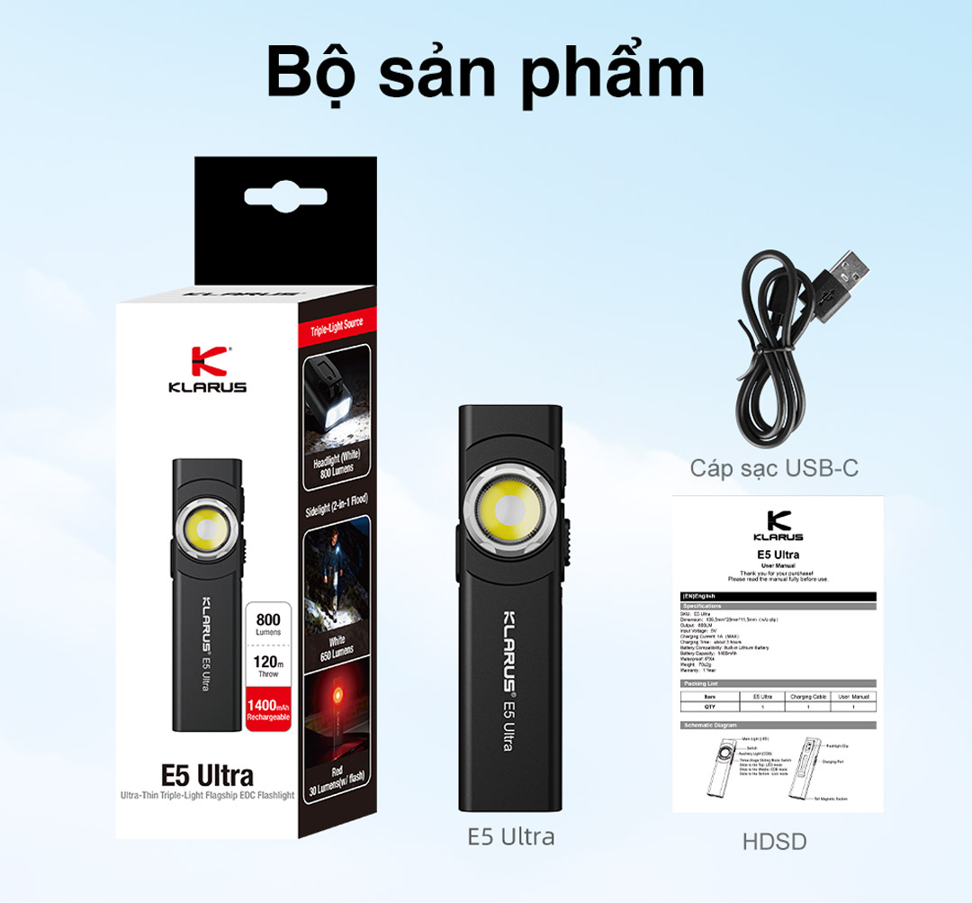 Bộ sản phẩm Klarus E5 Ultra chính hãng