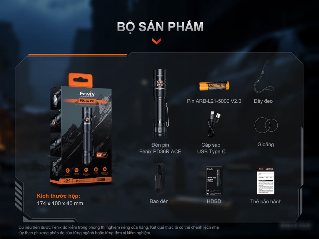 Bộ sản phẩm gồm đèn pin Fenix PD36R ACE, pin 5000mAh, cáp USB Type-C, dây đeo, bao đèn, gioăng dự phòng, hướng dẫn sử dụng và thẻ bảo hành.