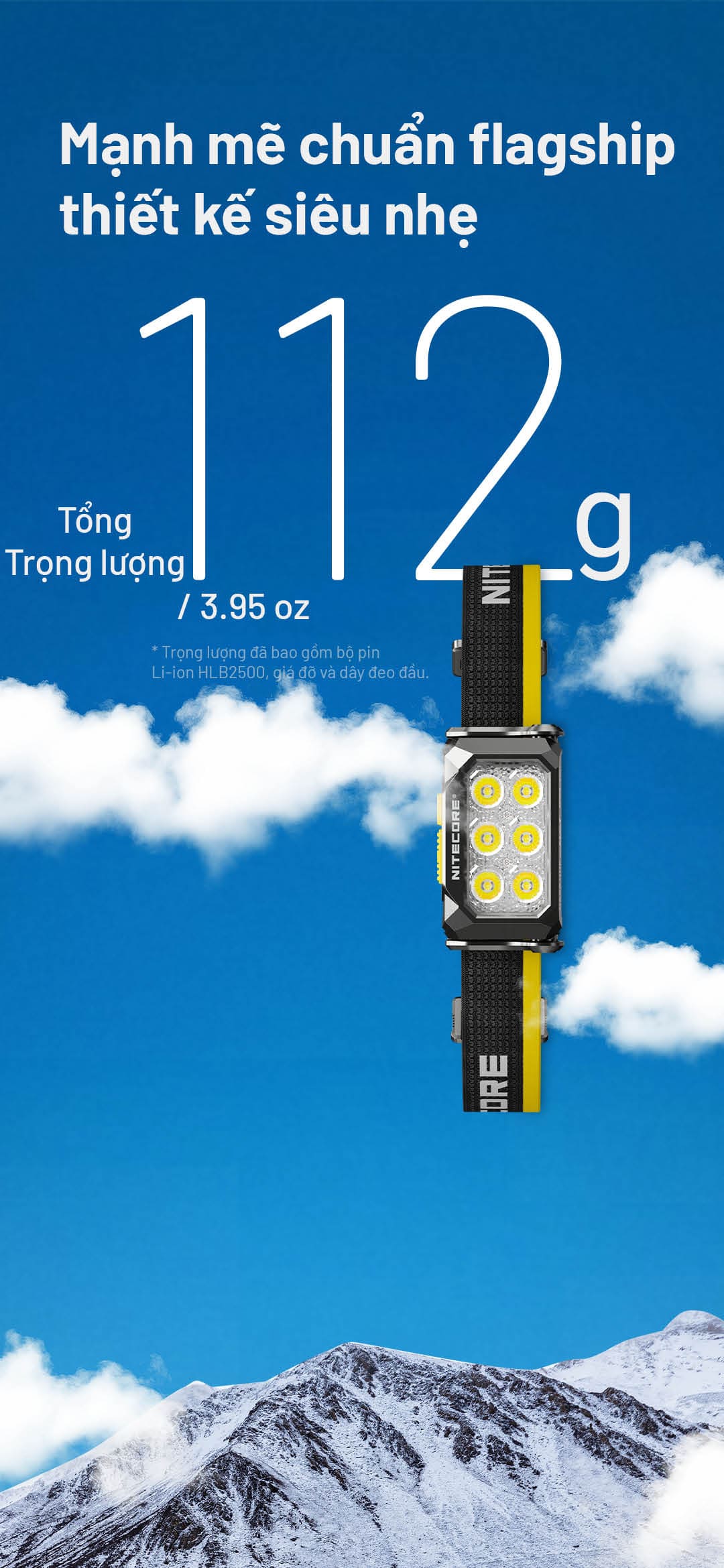 Tổng trọng lượng chỉ 112g (bao gồm pin và dây đeo), tối ưu cho hoạt động dài giờ.