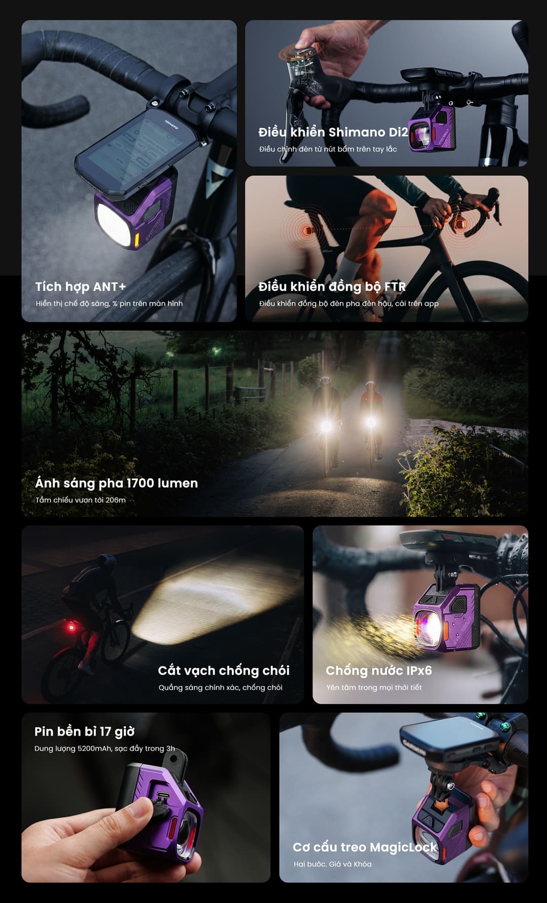 ANT+, Shimano Di2, FTR LightSync, chùm sáng chống chói, MagiLock, pin 17 giờ và chống nước IPX6.