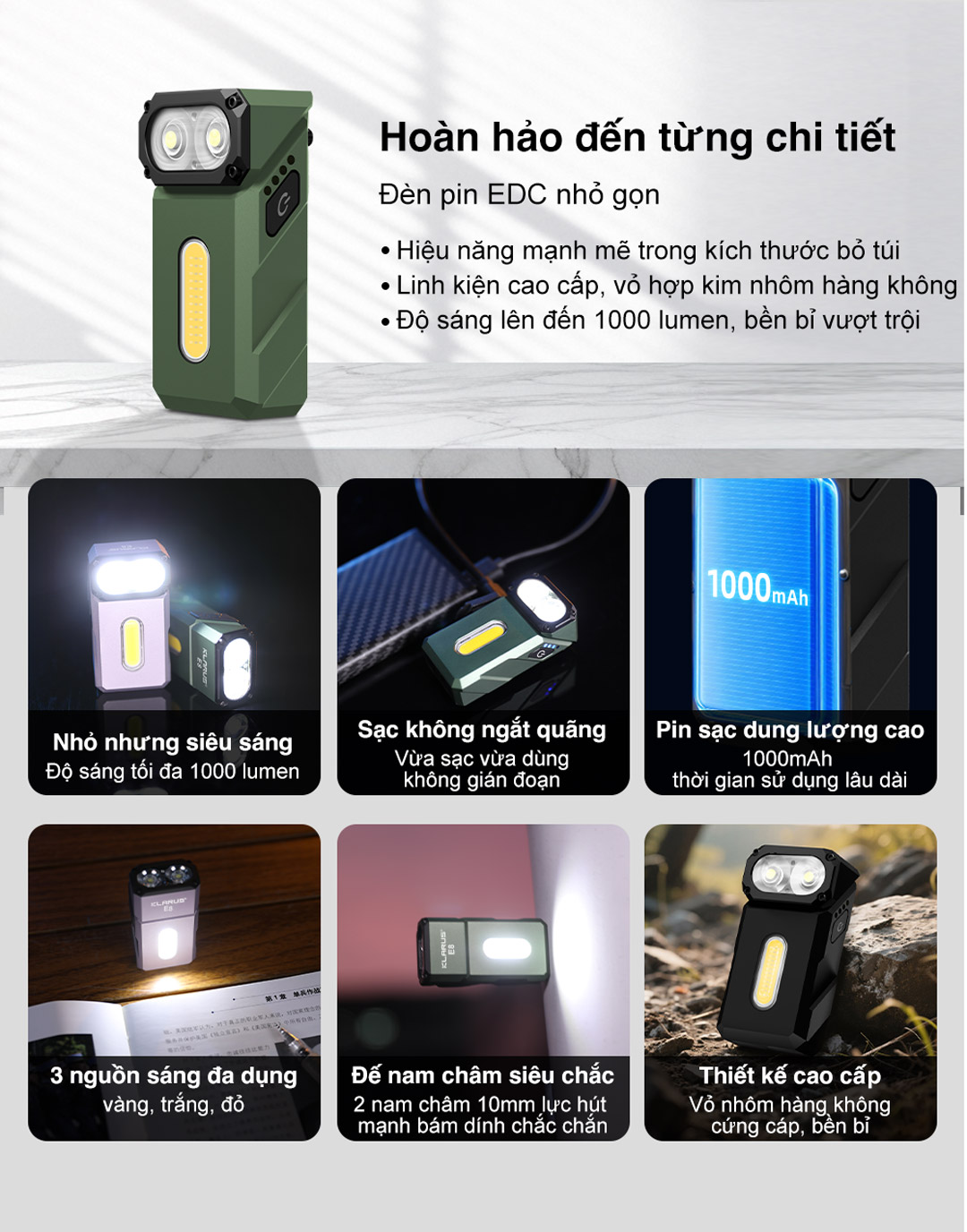 Đèn pin Klarus E8 EDC – nhỏ gọn bỏ túi, độ sáng 1000 lumen, 3 nguồn sáng, sạc nhanh không ngắt quãng, pin 1000mAh, thiết kế kim loại cao cấp, nam châm đuôi chắc chắn