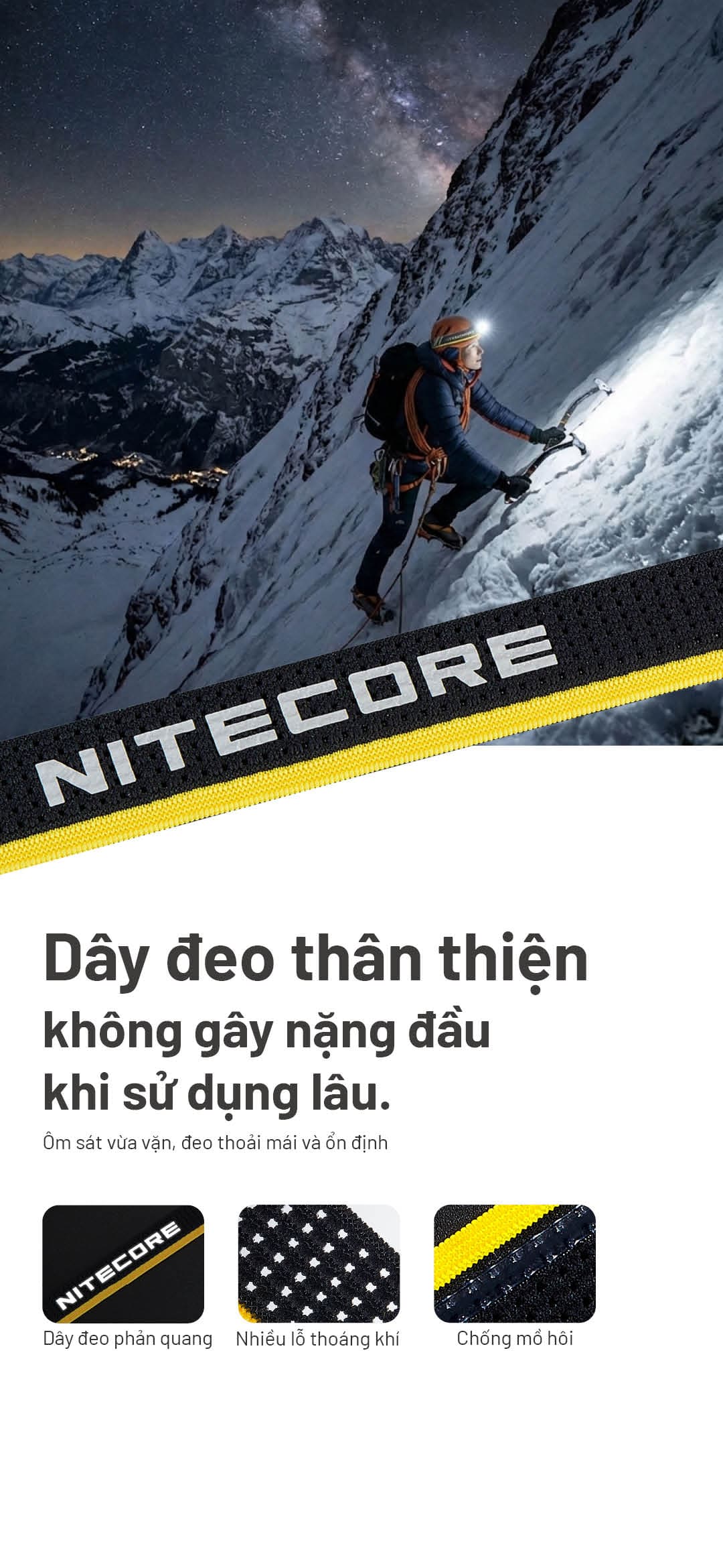 Dây đeo phản quang, nhiều lỗ thoáng khí, chống mồ hôi, đeo lâu không gây nặng đầu.