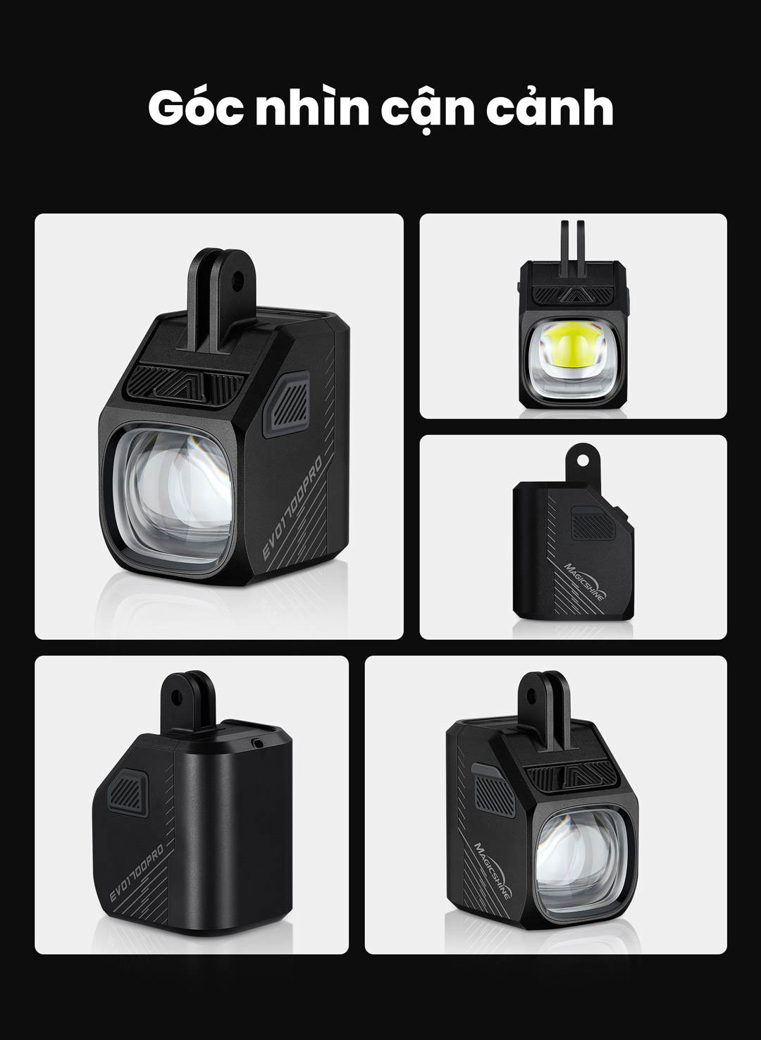 Góc nhìn cận cảnh về đèn pha xe đạp MAGICSHINE EVO 1700 Pro