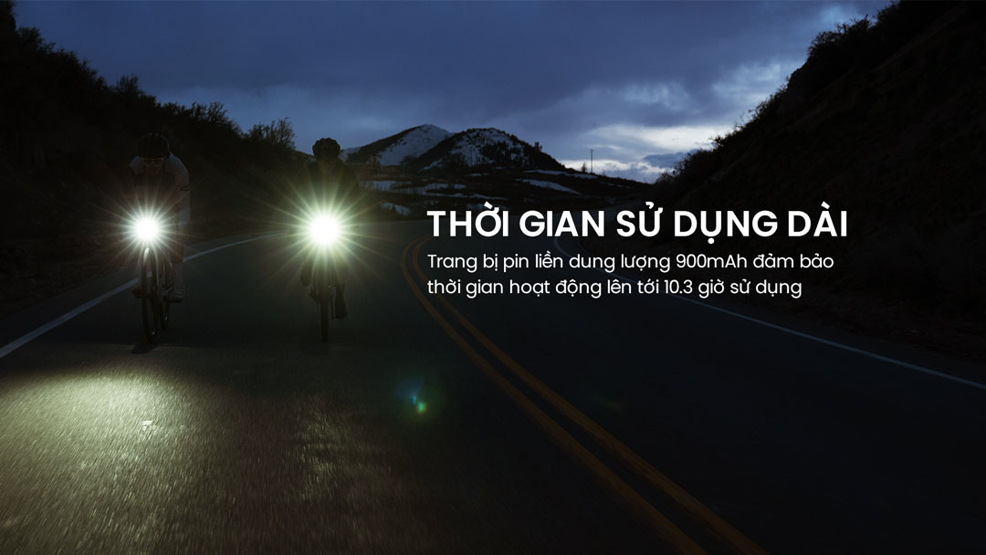 Magicshine ALLTY 400 sử dụng pin 900mAh, chiếu sáng liên tục 10.3 giờ, phù hợp cho hành trình dài