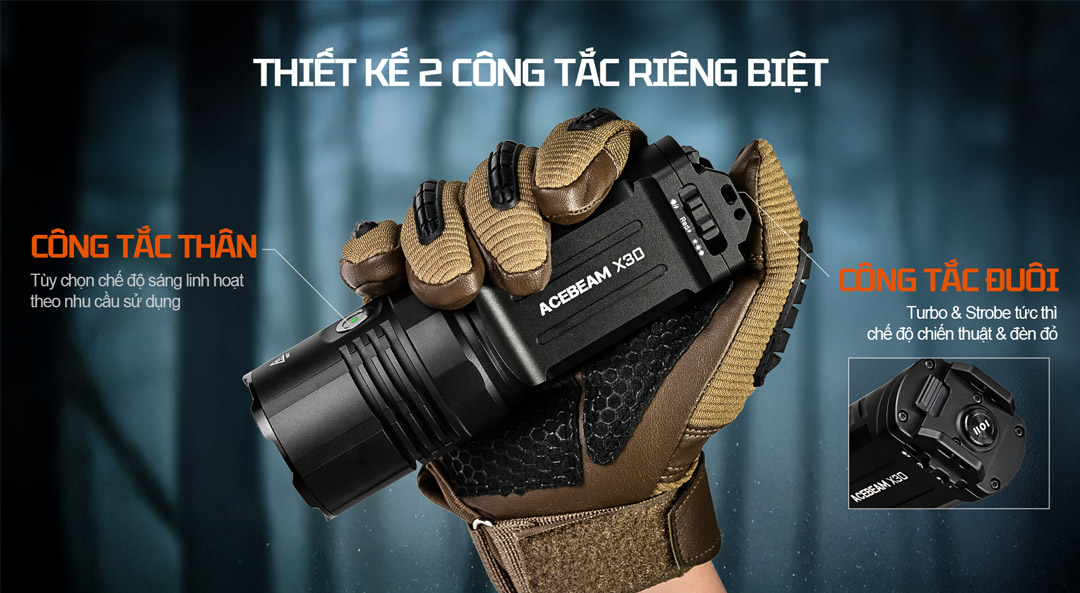 Công tắc thân điều chỉnh mức sáng linh hoạt. Công tắc đuôi truy cập nhanh Turbo & Strobe cho tình huống khẩn cấp.