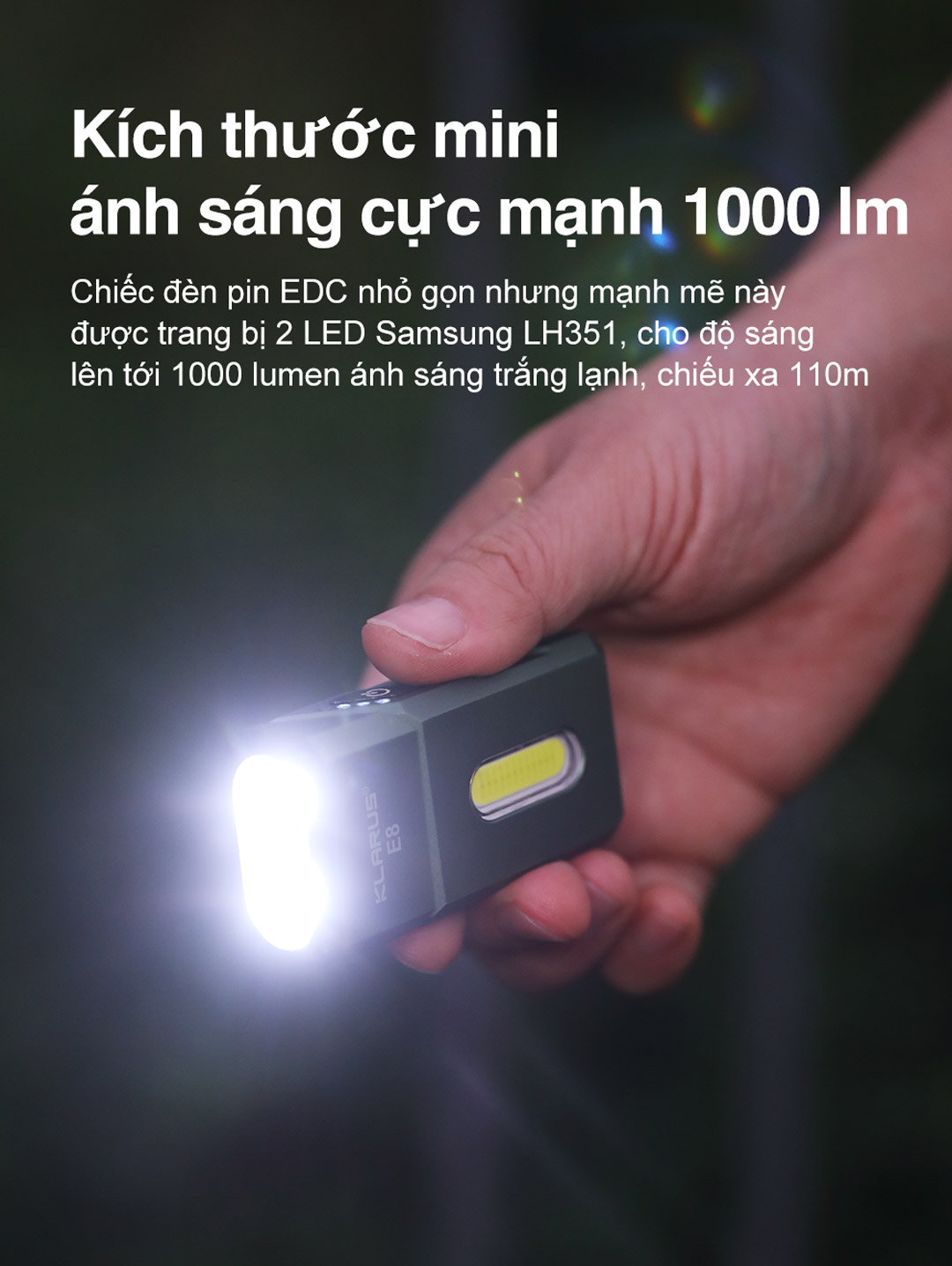 Klarus E8 – đèn pin mini trang bị 2 LED Samsung LH351, công suất 1000 lumen, ánh sáng trắng lạnh, chiếu xa tới 110 mét