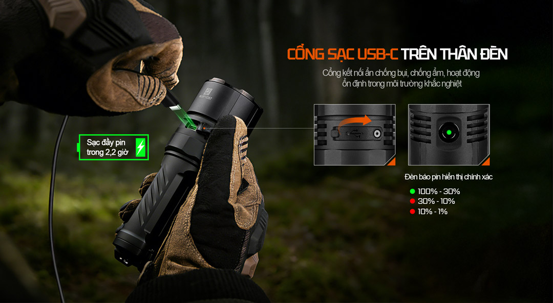 Sạc đầy pin trong khoảng 2.2 giờ. Cổng sạc kín chống bụi và ẩm. Đèn báo pin hiển thị chính xác mức dung lượng.