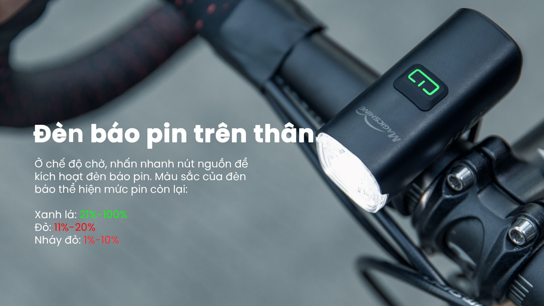 Magicshine ALLTY 200 có đèn báo pin 3 màu hiển thị dung lượng pin còn lại, dễ kiểm tra khi sử dụng