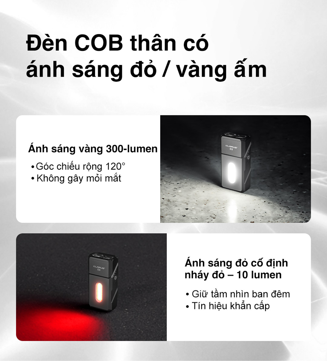 Klarus E8 có COB thân đèn phát ánh sáng vàng 300lm không chói mắt và ánh sáng đỏ cố định/nhấp nháy 10lm – lý tưởng cho ban đêm và tín hiệu khẩn cấp