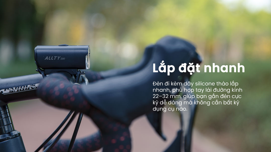 Magicshine ALLTY 200 gắn nhanh bằng dây silicone, tương thích tay lái 22–32mm, không cần dụng cụ hỗ trợ