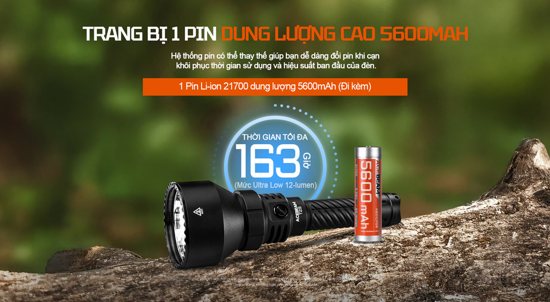 Đèn pin ACEBEAM T29 dùng pin 21700 5600 mAh có thể thay thế, cho thời gian chiếu sáng tối đa 163 giờ ở mức 12 lm, duy trì hiệu suất mạnh mẽ lâu dài.