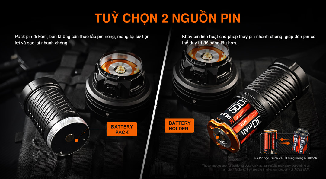 Đèn pin ACEBEAM 2 nguồn pin, pin pack sạc nhanh, khay pin 21700 thay thế, đèn pin đa tùy chọn pin.
