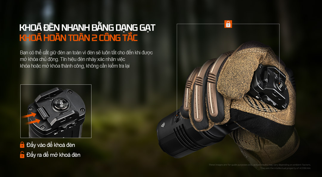 Khóa hoàn toàn 2 công tắc để tránh bật nhầm. Đèn nháy xác nhận trạng thái khóa/mở khóa.