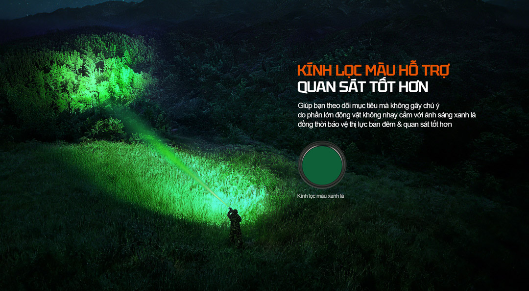 Kính lọc xanh lá của ACEBEAM T29 giúp theo dõi mục tiêu mà không gây chú ý, bảo vệ thị lực ban đêm và cải thiện khả năng quan sát trong môi trường tối.