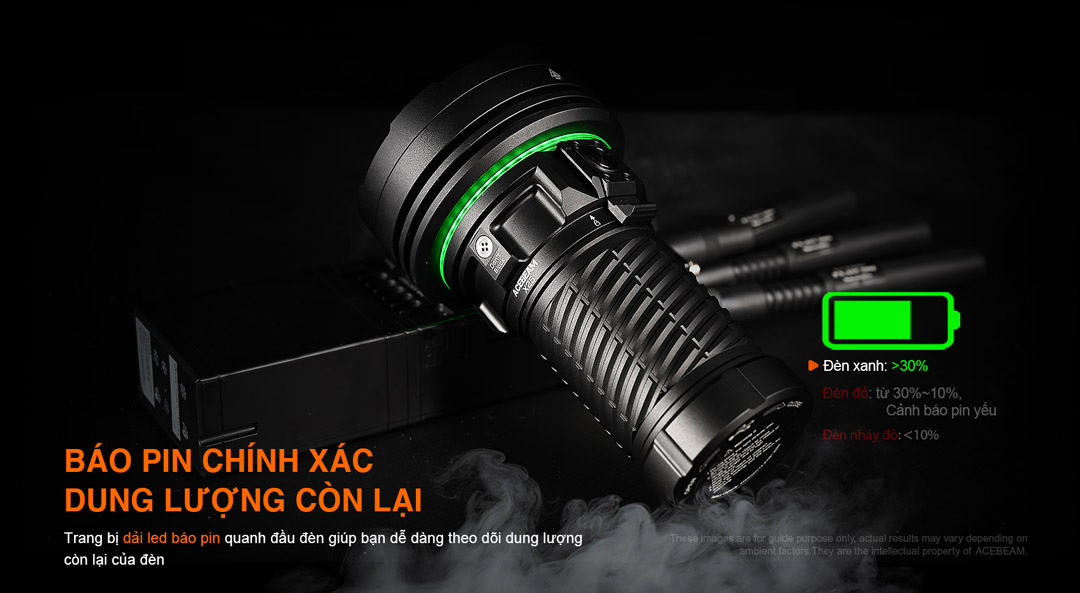 Đèn pin ACEBEAM có đèn báo pin trực quan giúp theo dõi chính xác dung lượng còn lại.