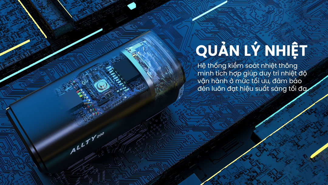 Magicshine ALLTY 200 tích hợp hệ thống kiểm soát nhiệt thông minh, duy trì độ sáng ổn định và kéo dài tuổi thọ LED