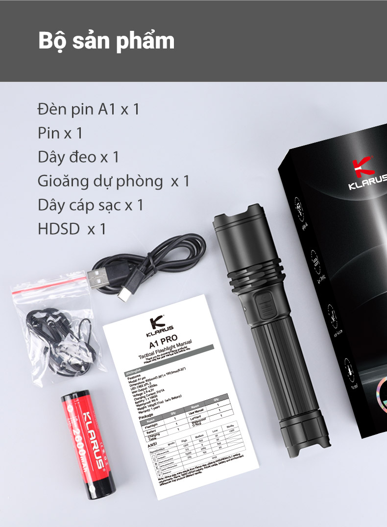 Hình ảnh bộ sản phẩm Đèn pin KLARUS A1 Pro