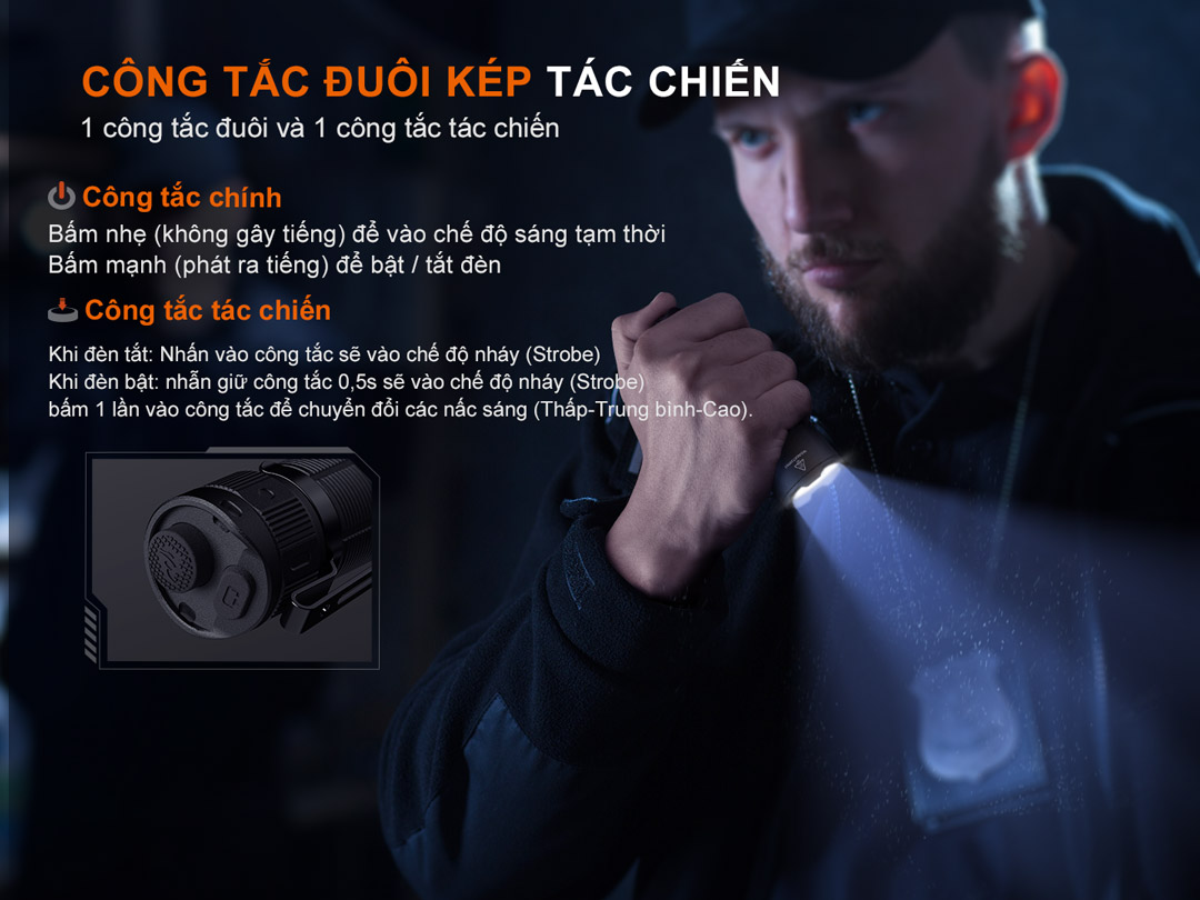Đèn pin FENIX TK05R sử dụng công tắc đuôi kép đa năng