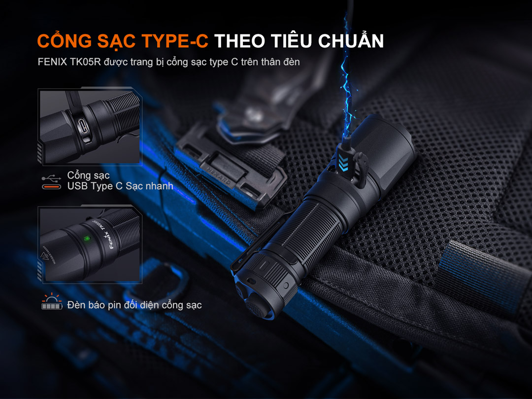 Đèn pin FENIX TK05R sạc USB-C trên thân kèm theo đèn LED báo dung lượng