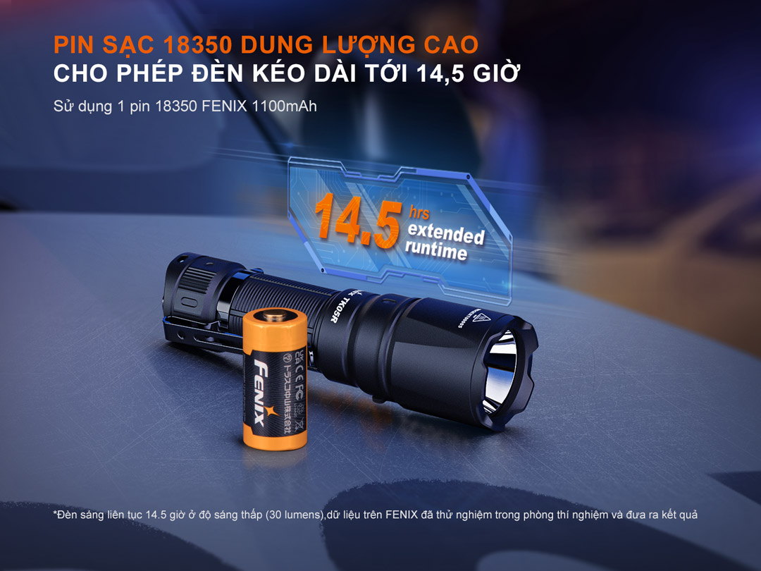 Đèn pin FENIX TK05R sử dụng pin 18350 dung lượng 1100mAh thời gian sử dụng lên đến 14,5 giờ