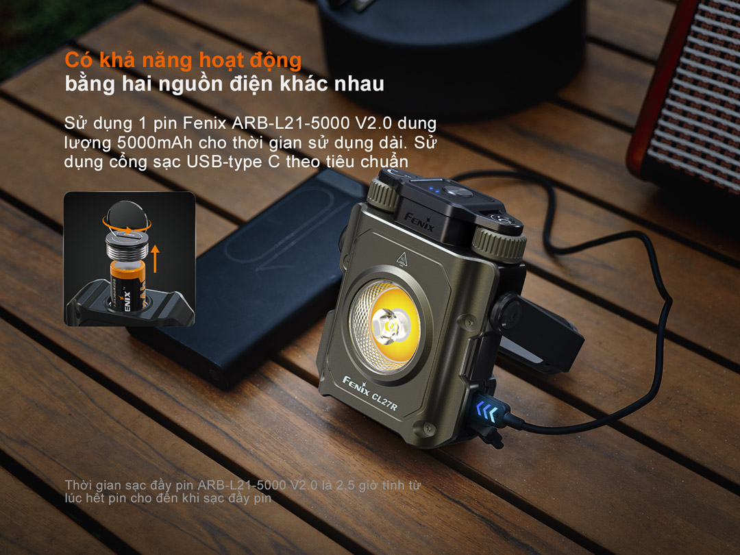 Đèn pin cắm trại FENIX CL27R sử dụng pin sạc 21700 5000mAh có thể thay thế