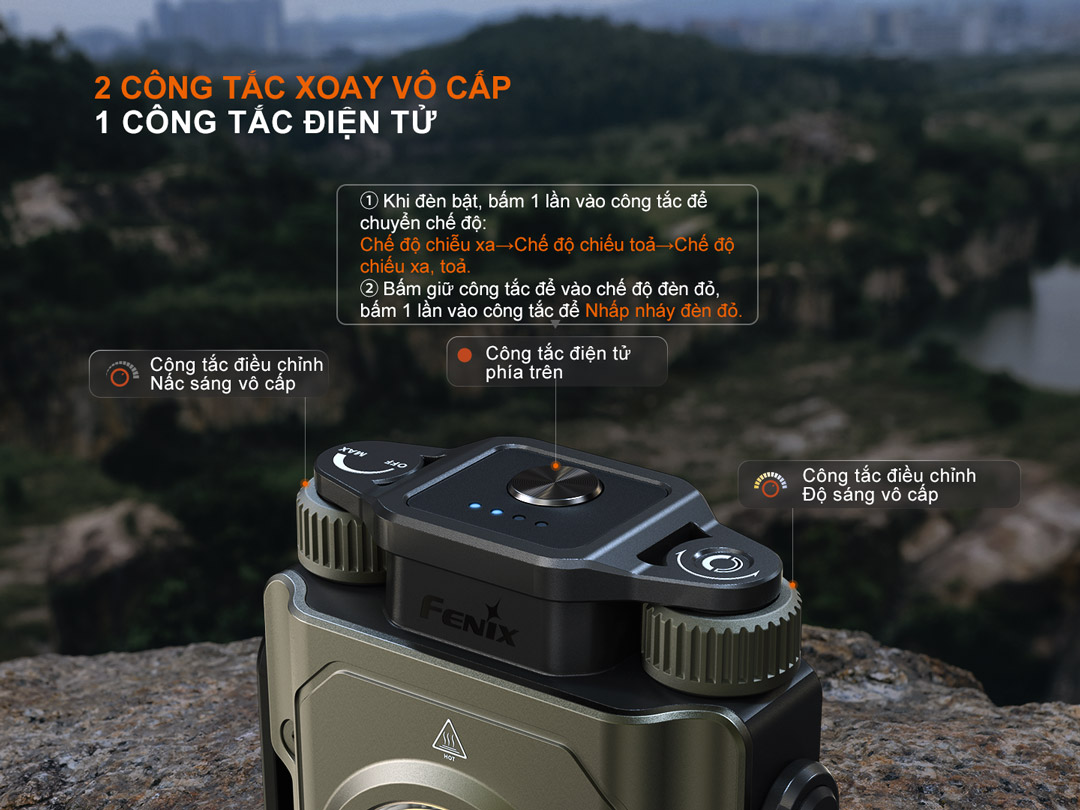 Đèn pin cắm trại FENIX CL27R sử dụng công tắc xoay vô cấp và công tắc phía trên để điều chỉnh chế độ và đèn đỏ