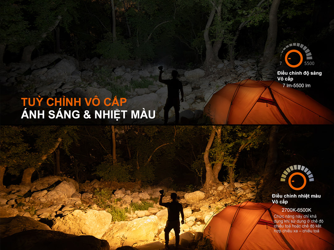Fenix CP50R điều chỉnh độ sáng vô cấp, thay đổi nhiệt màu 2700K-6500K, ánh sáng vàng và trắng linh hoạt