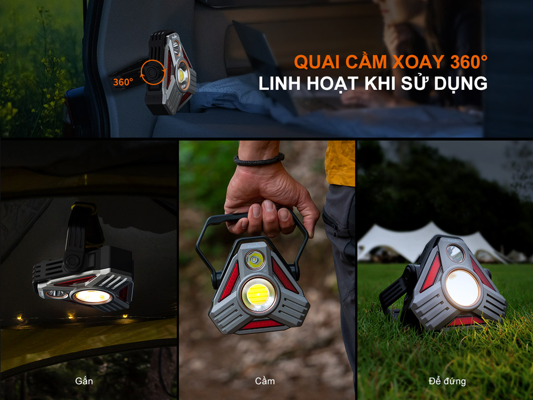 Fenix CP50R quai cầm xoay 360 độ, có thể gắn, cầm tay hoặc đặt đứng, tiện lợi khi sử dụng ngoài trời