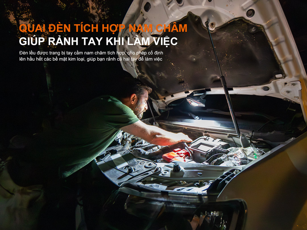 Fenix CP50R nam châm mạnh, gắn lên bề mặt kim loại, hỗ trợ chiếu sáng khi sửa xe, làm việc cơ khí