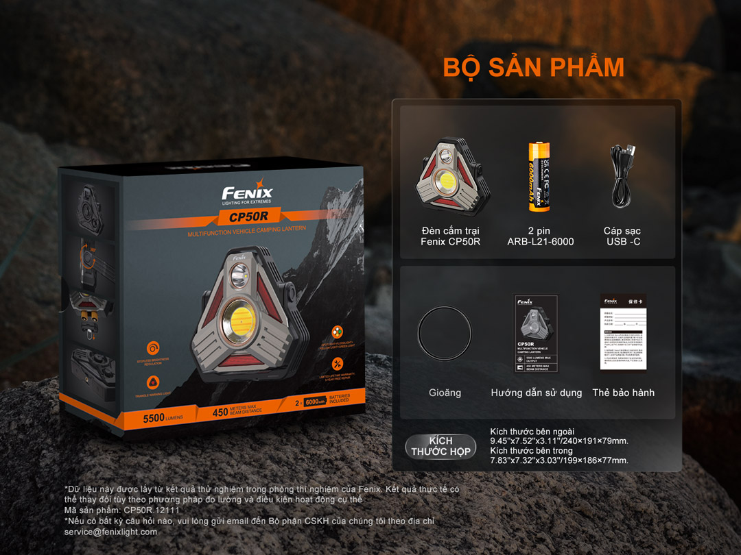 hộp sản phẩm Fenix CP50R gồm đèn, 2 pin ARB-L21-6000, cáp USB-C, gioăng, hướng dẫn sử dụng, thẻ bảo hành