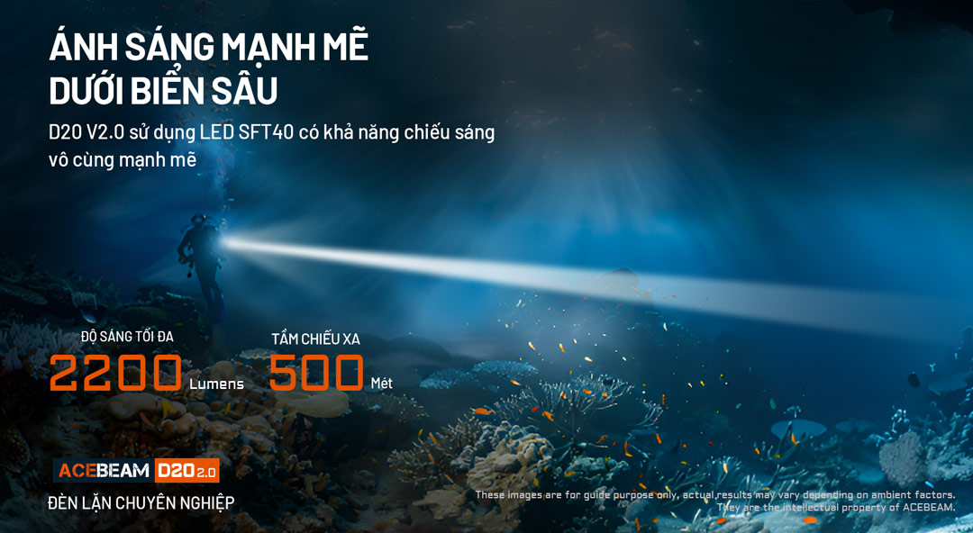 Đèn lặn ACEBEAM D20 2.0  2200lumen, chiếu xa 500m