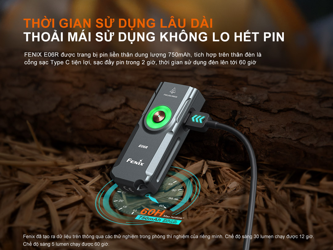 Dung lượng pin 750mAh với cổng sạc TypeC chống nước từ bên trong