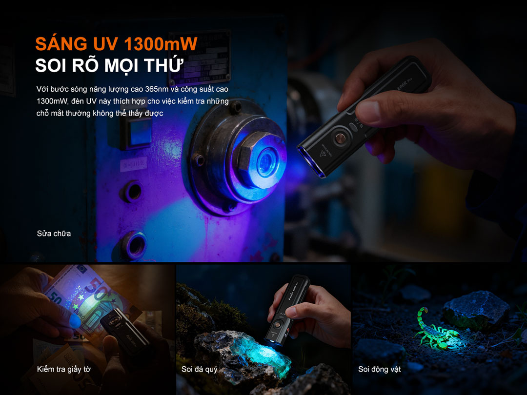 Fenix E06R Pro trang bị đèn UV công suất 1300mW, bước sóng 365nm, hỗ trợ kiểm tra giấy tờ, đá quý, vết bẩn và phát hiện sinh vật dạ quang.