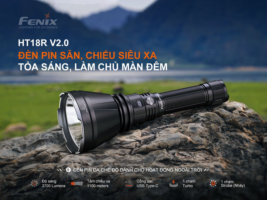 Fenix HT18R V2.0 đèn pin chiếu xa 1100m, sáng 3700 lumens, sạc USB-C, đèn pin săn bắn và cứu hộ chuyên dụng