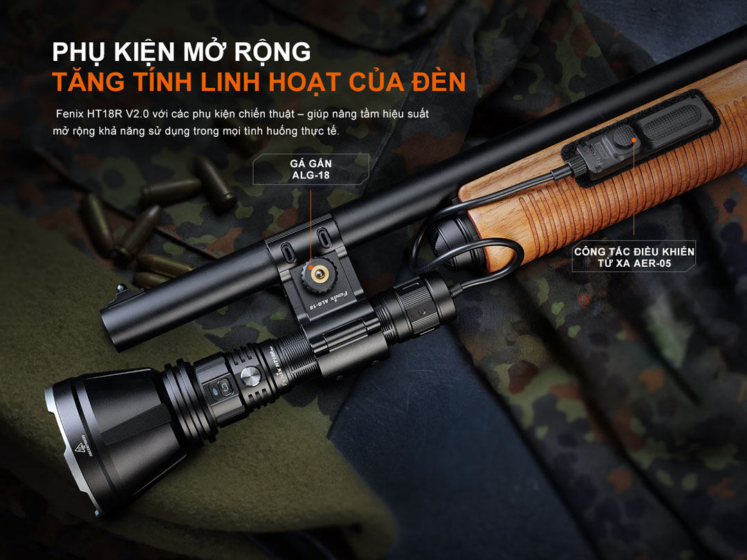 Fenix HT18R V2.0 phụ kiện gắn ALG-18 và công tắc điều khiển từ xa AER-05, mở rộng ứng dụng chiến thuật