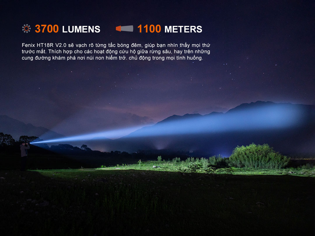 Fenix HT18R V2.0 độ sáng 3700 lumens, tầm chiếu xa 1100 mét, đèn pin chiếu xa ngoài trời, cứu hộ ban đêm