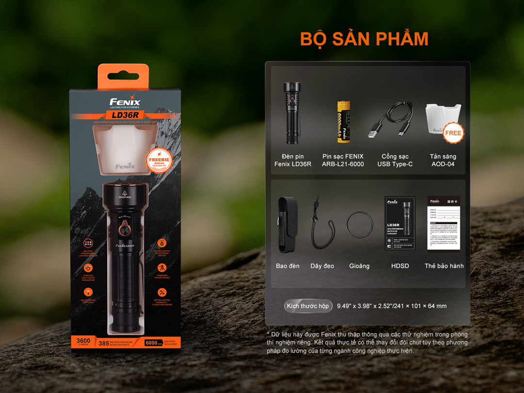Mở hộp trọn bộ sản phẩm đèn pin chính hãng Fenix LD36R kèm quà tặng đầu tản sáng cao cấp và chính sách bảo hành uy tín.