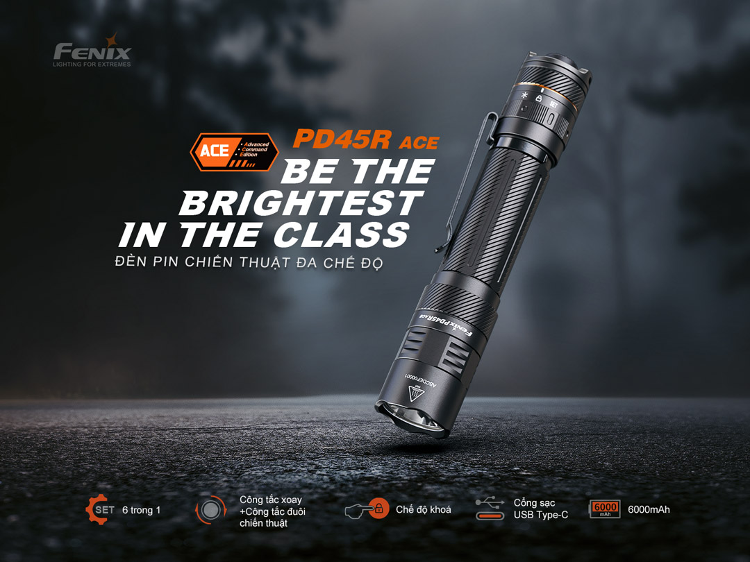 Đèn pin chiến thuật Fenix PD45R ACE với độ sáng 3200 lumens, thiết kế chắc chắn, hiển thị các tính năng nổi bật như chế độ SET, công tắc kép và pin 6000mAh