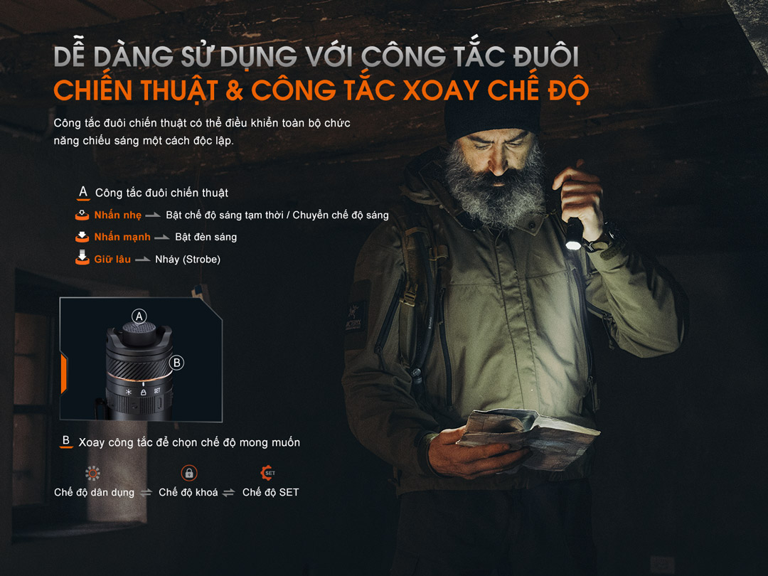 Người dùng thao tác đèn pin Fenix PD45R ACE bằng công tắc đuôi chiến thuật và công tắc xoay, dễ dàng chuyển chế độ chiếu sáng.