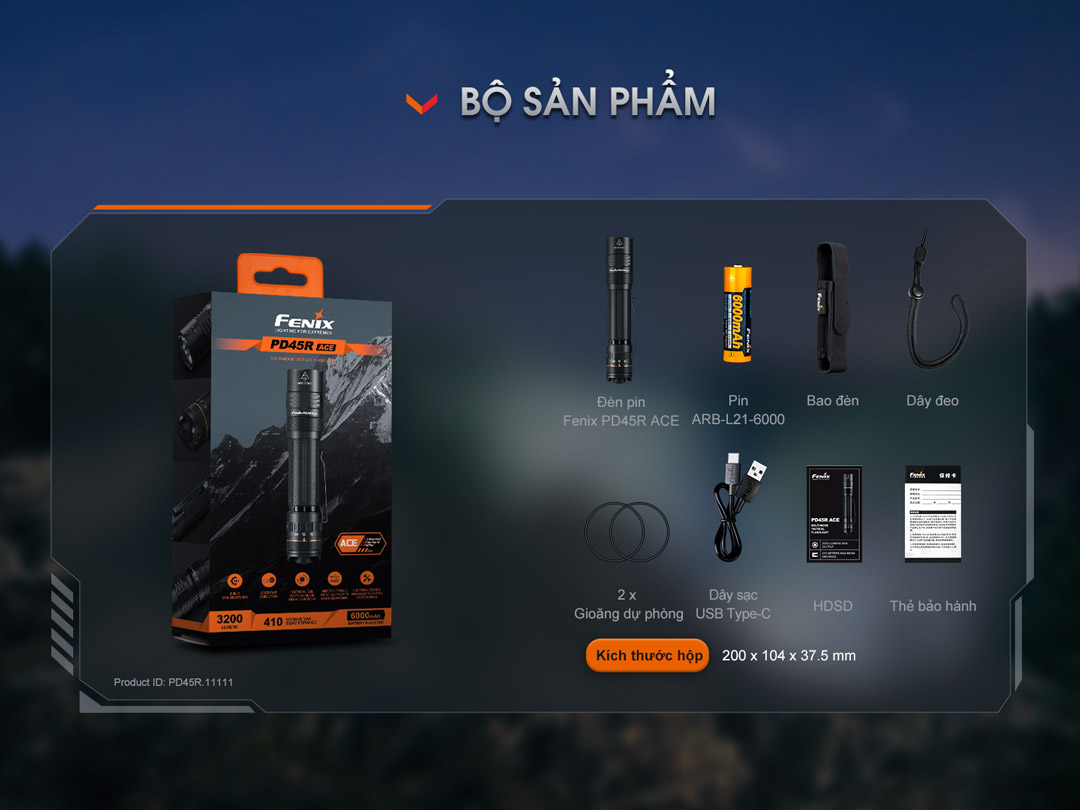 Trọn bộ sản phẩm đèn pin Fenix PD45R ACE bao gồm đèn, pin sạc, cáp USB-C, bao đựng, dây đeo, gioăng dự phòng, hướng dẫn và thẻ bảo hành.