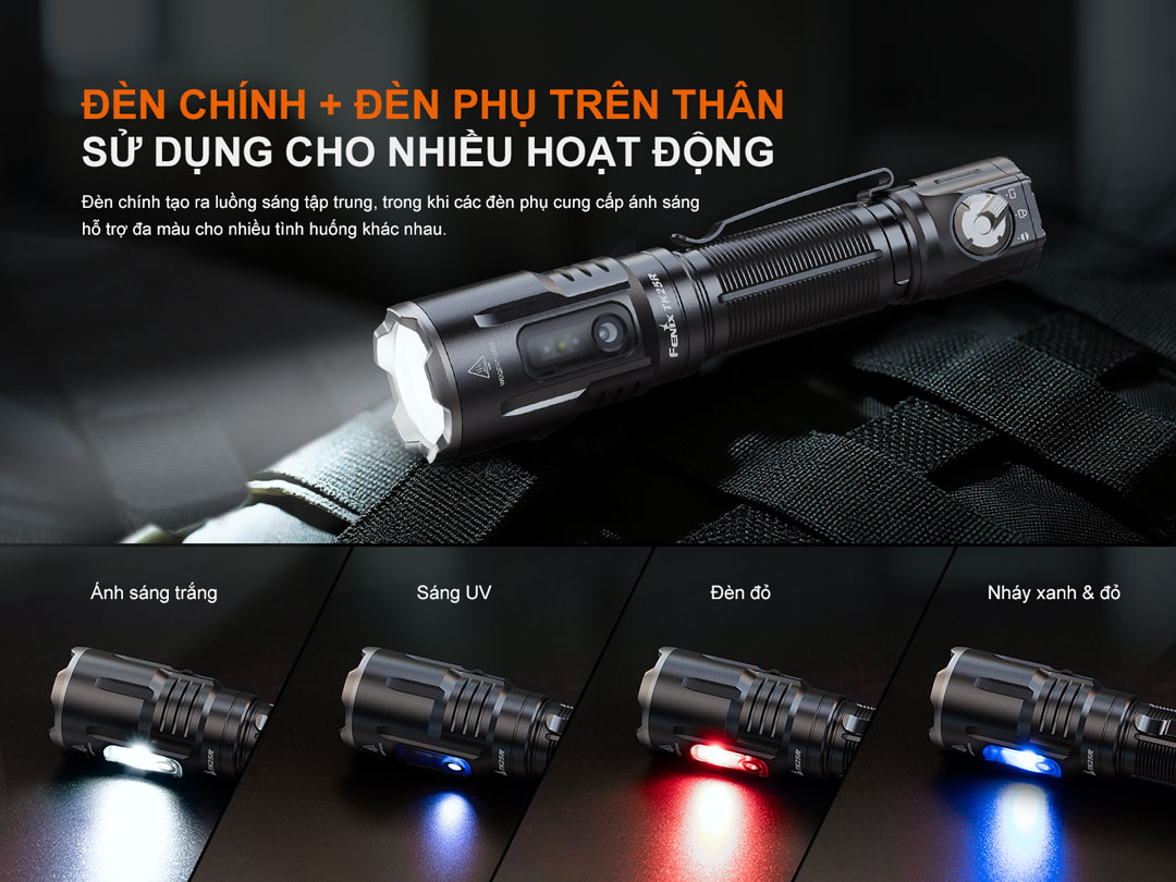 Fenix TK25R trang bị đèn chính ánh sáng trắng và các đèn phụ đa màu (đỏ, xanh, UV), linh hoạt cho các hoạt động chuyên dụng và khẩn cấp.