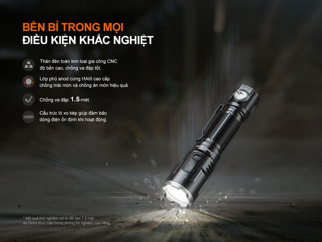 Fenix TK25R được gia công CNC thân nhôm cao cấp, phủ anod HAIII, chống va đập 1.5m và hoạt động ổn định trong môi trường khắc nghiệt.