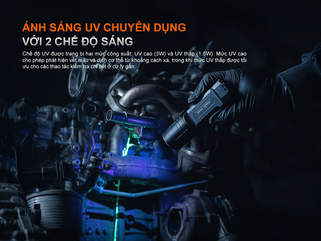 TK35R trang bị đèn UV chuyên dụng – 2 chế độ sáng (1.5W & 3W), hỗ trợ kiểm tra vết nứt, phát hiện chất lỏng, phù hợp bảo trì công nghiệp – kỹ thuật chính xác.